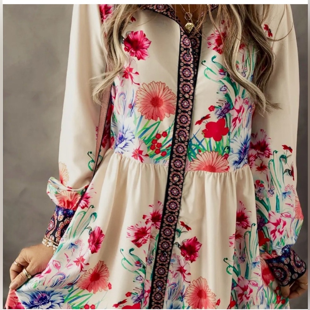 Floral Long Sleeve Dress with Black Trim